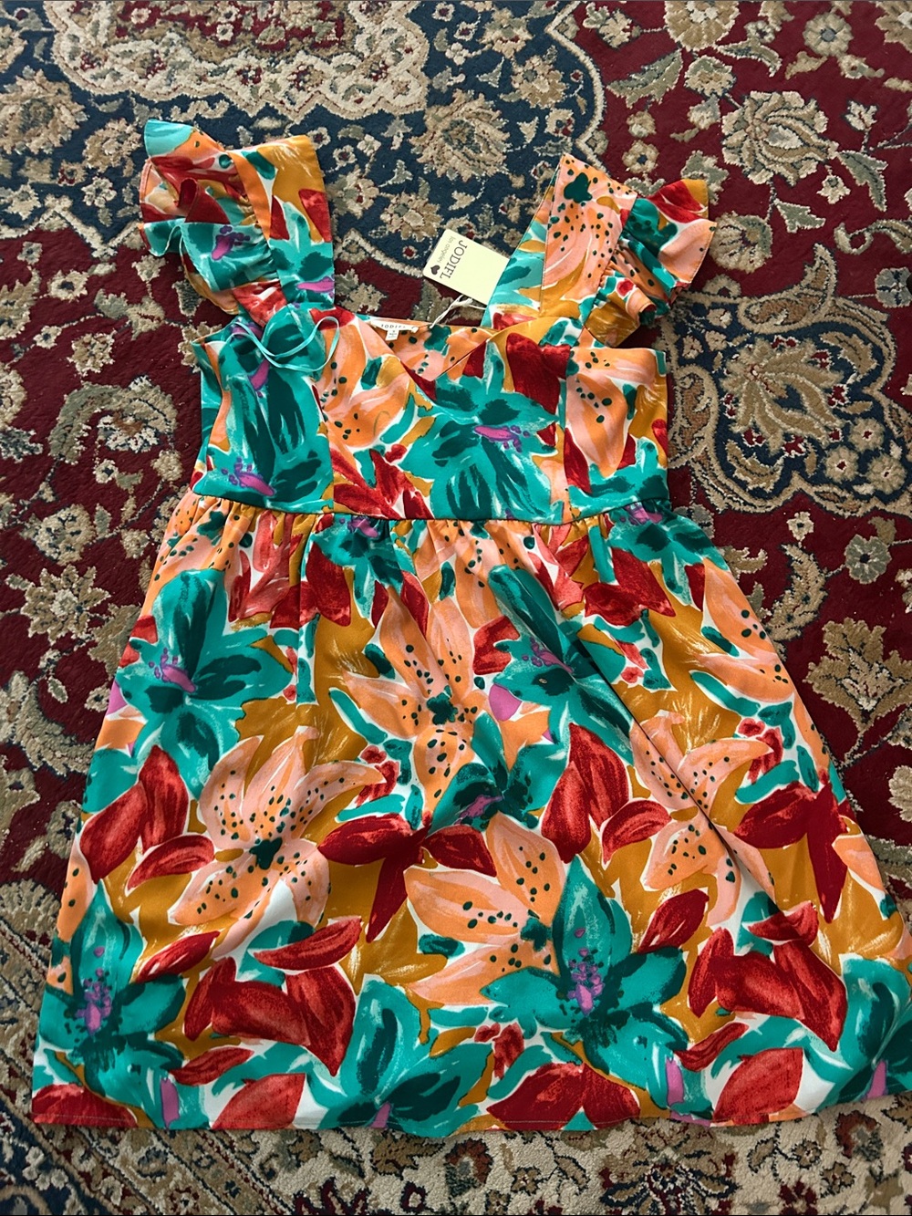 JODIFL. NWT  Multicolor Floral Ruffle-Strap Sundress - Teal, Orange & Red